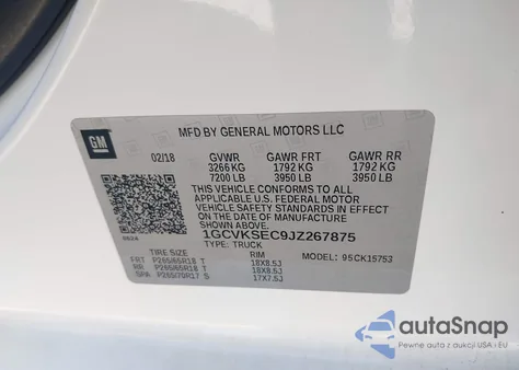 2018 Chevrolet Silverado 1500 2Lz z USA, uszkodzony, nr VIN 1GCVKSEC9JZ267875